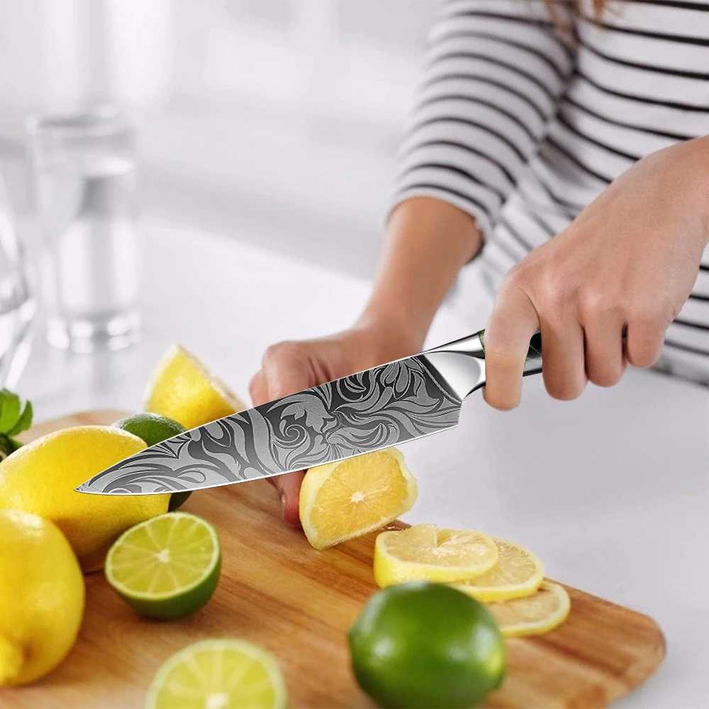 1-3Piece Japanese Kitchen Knife Set Green Resin Handle Laser Damascus Pattern Santoku KnifeParing Knifely Sharp Blades Y241227