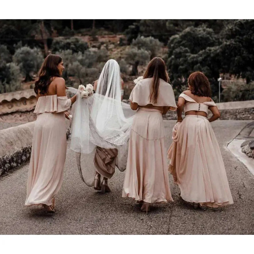 Two Piece Bridesmaid Chiffon A E Off The Shoulder Backless Maid Of Honor Gowns Long Wedding Guest Dresses