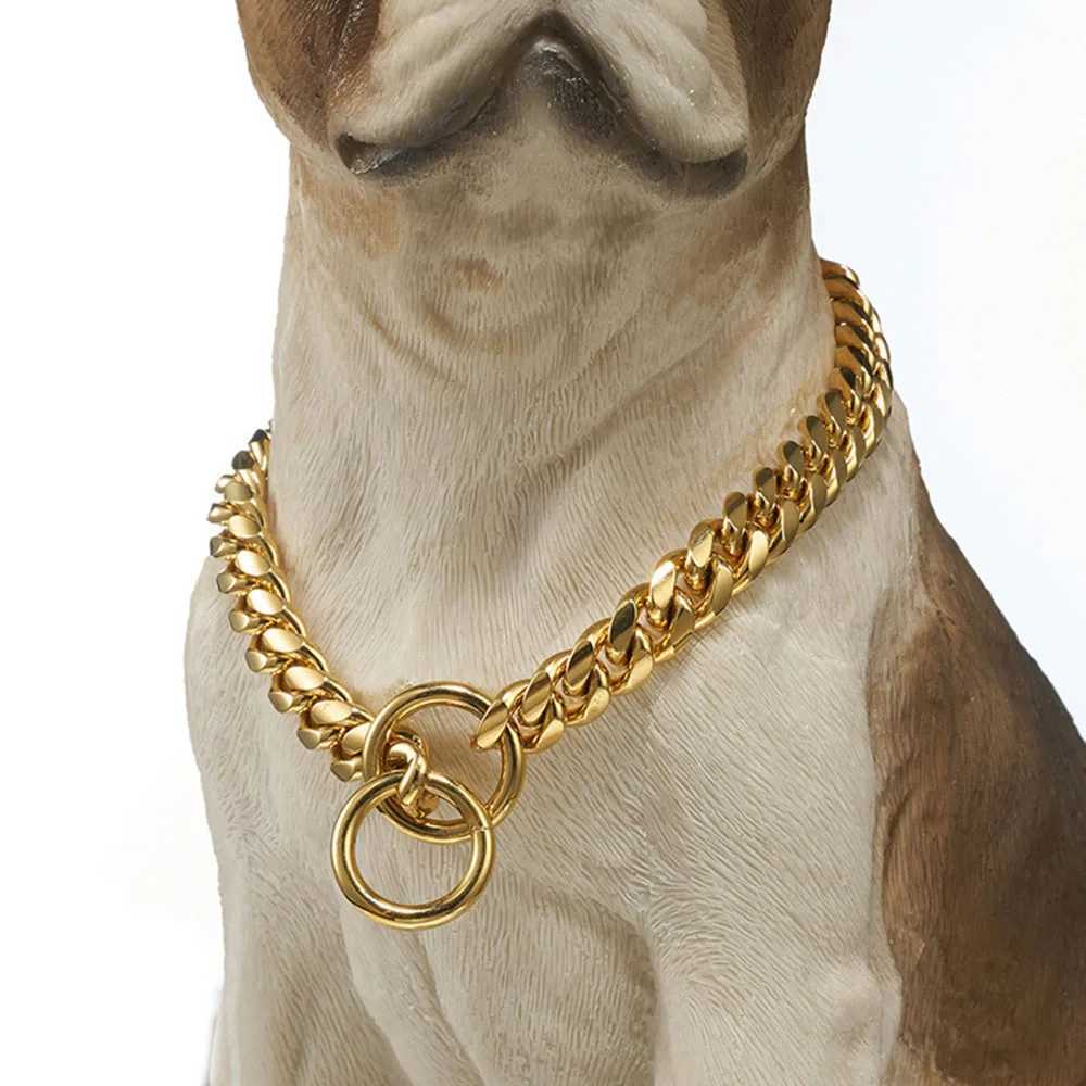 Dog Chain Collar Black Gold 10MM Cuban Link Dog Collar Stainless Steel Metal Slip Chain Collar for Dogs Heavy Duty Chew Proof M241228