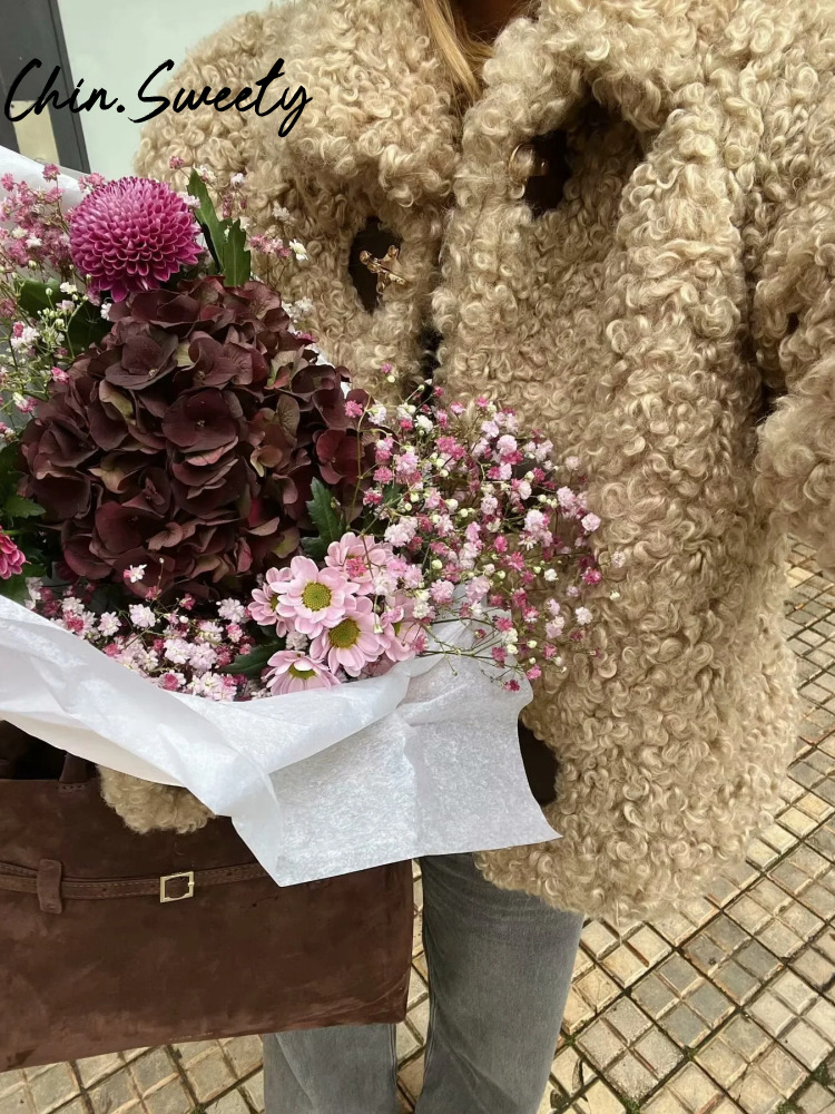 Lamb Wool Double Breasted Women Coat Solid Full Sleeve Lapel Female Jacket Autumn Winter Thicken Lady Overcoat