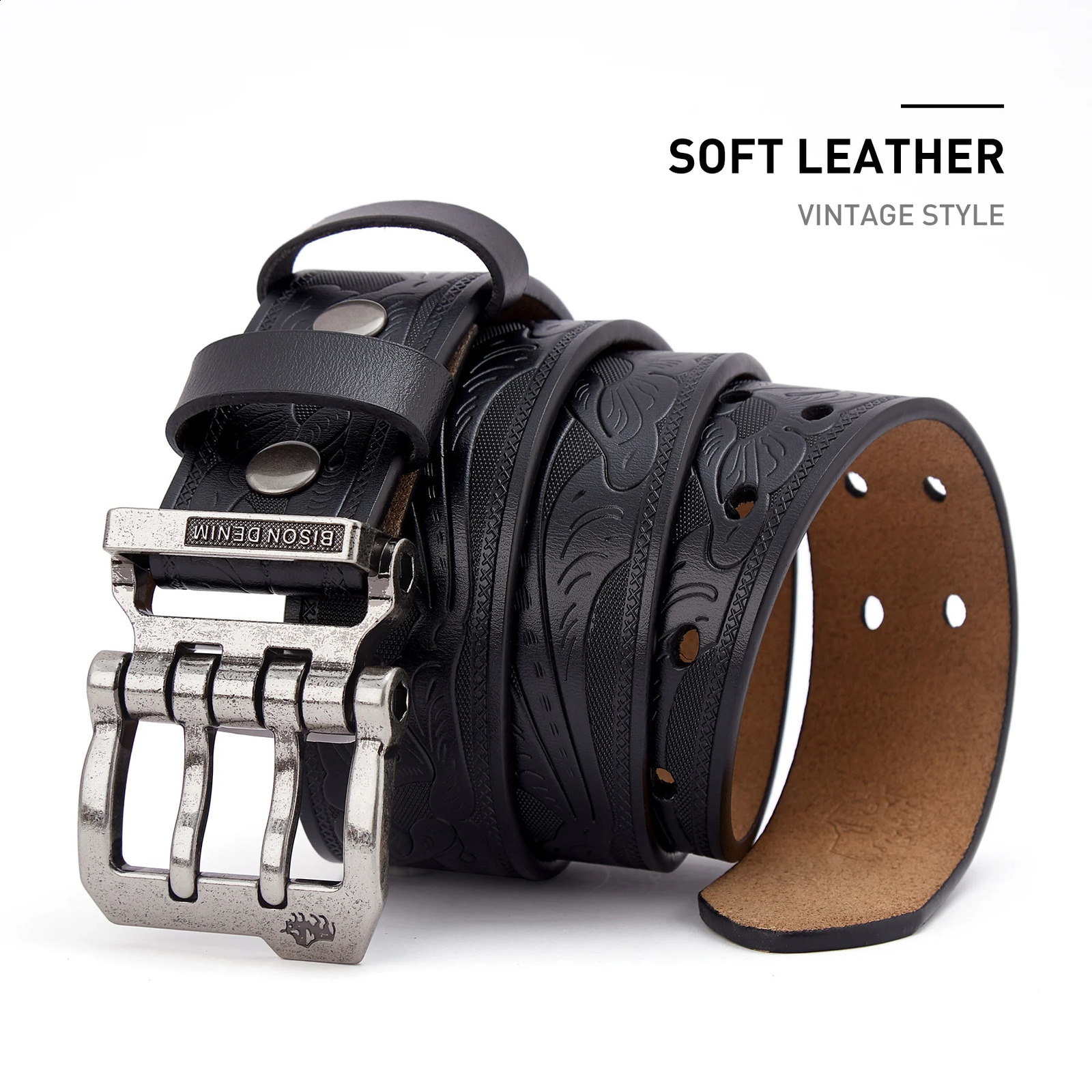 BISON DENIM Mens Belts Cow Split Genuine Leather Pin Buckle Business Waist Straps Retro Pin Buckle Fancy Male Belt For Jeans 241227