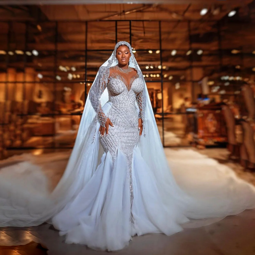 Luxury Mermaid Wedding Dress Beaded Sequins O Neck Long Sleeve Bride Gowns Detachable Sweep Train Bridal Dresses Customized