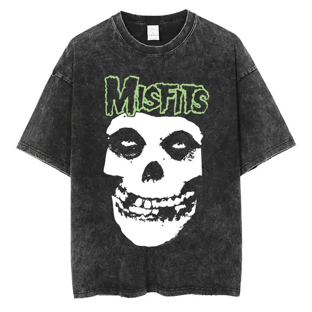 Washed Vintage Hardcore Punk Band Misfits Tshirt Horror Skeleton Graphic T-shirt Men Womens Fashion Casual Oversized T Shirts X241228