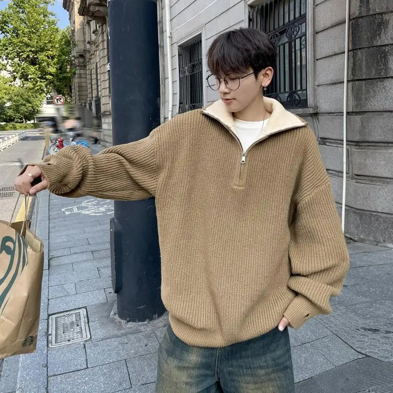 American autumn and winter men and women trendy personality lazy style zipper lapel couple loose knit pullover sweater harajuku 241227