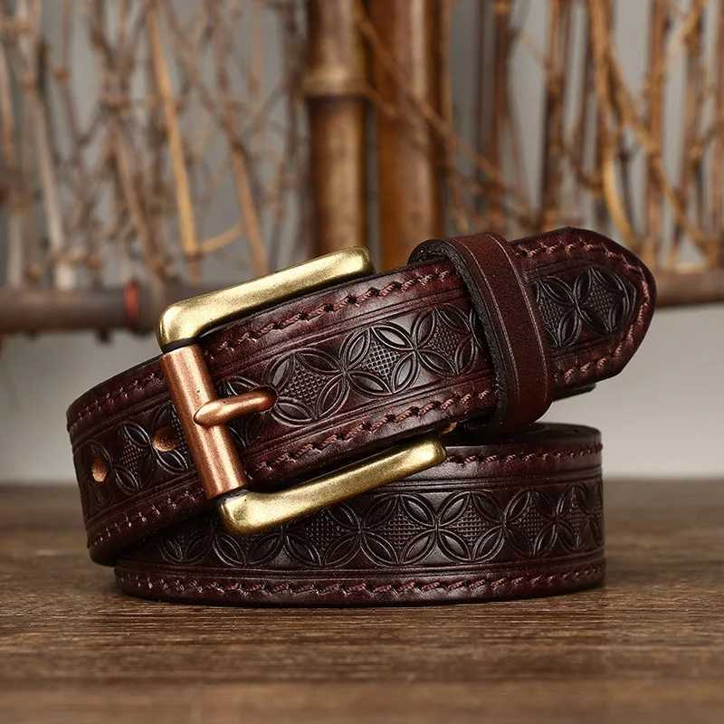 3.3cm grain real denim leather soft denim leather personality lucky totem retro luxury copper buckle mens jeans strap W241228