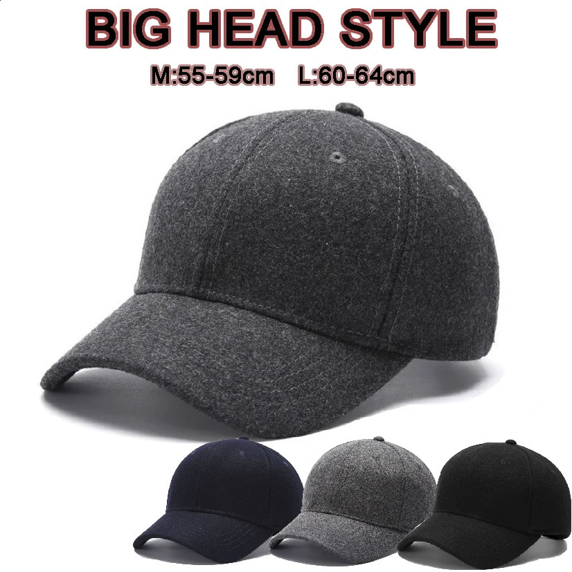60-64cm Extra Large Size Wool Blend Baseball Dad Cap Male Winter Outdoors Felt Hat Big Bone Elder Man Warm Sport Caps 241227