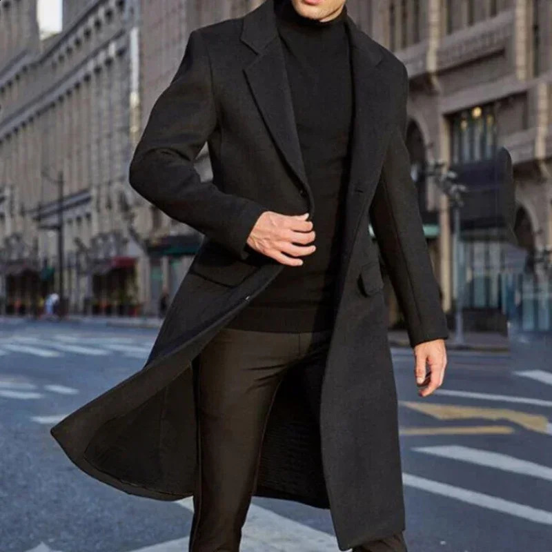 Men Casual Trench Coat Slim Fit Notched Collar Long Jacket Overcoat Single Breasted wih Pockets 241220