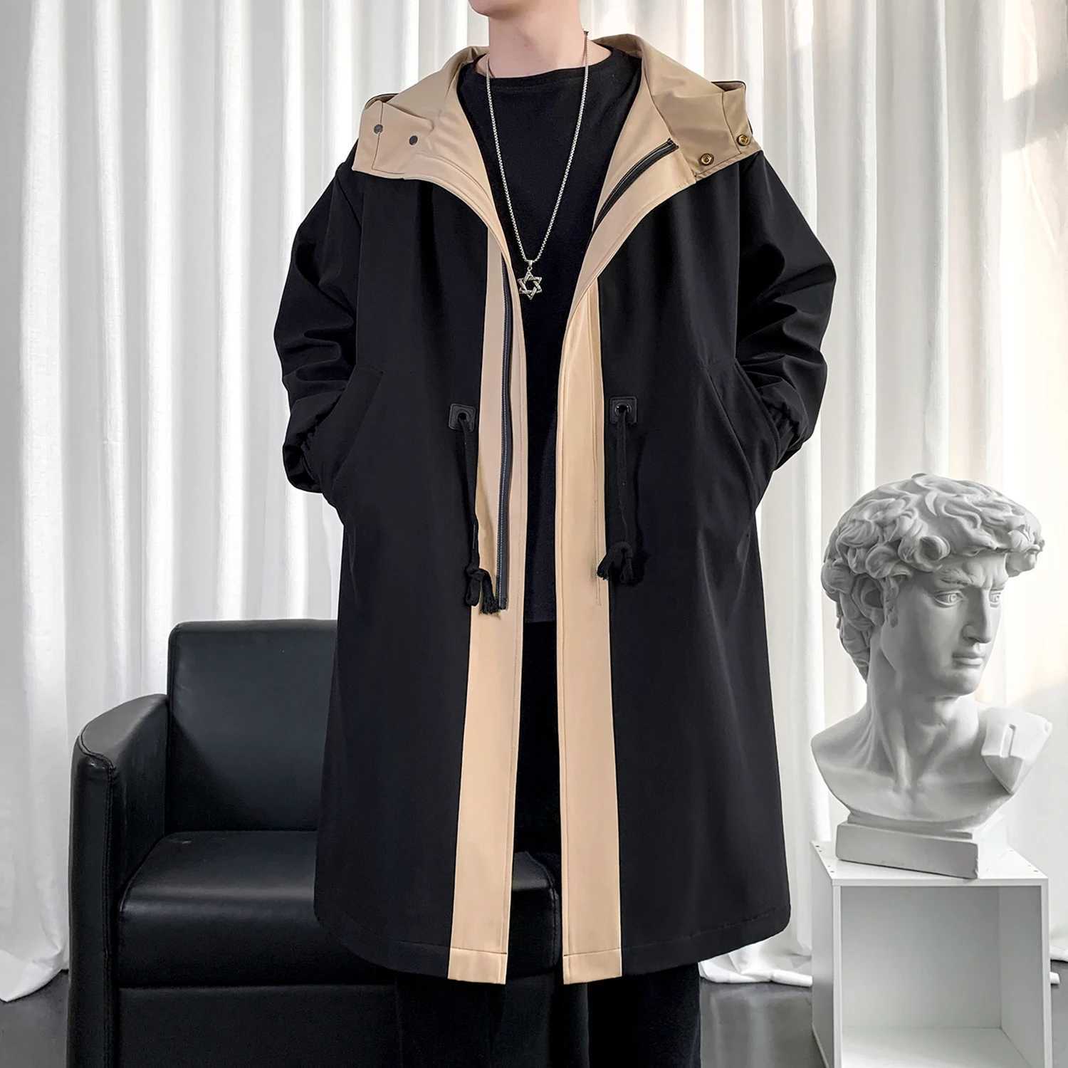 Mens Long Windbreaker Hooded Trench Coat Contrasting Loose Oversized Jacket Patchwork Casual Top Zipper Waistband Male Clothing W241228