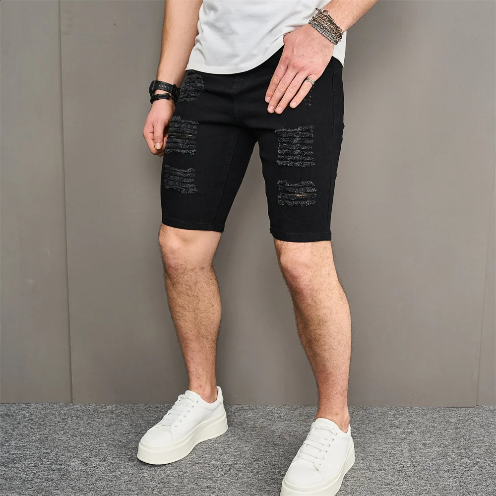 Street Men Holes Distressed Slim Beach Denim Shorts Summer Stylish Solid Male Casual Jean Fivepoint Pants 241223
