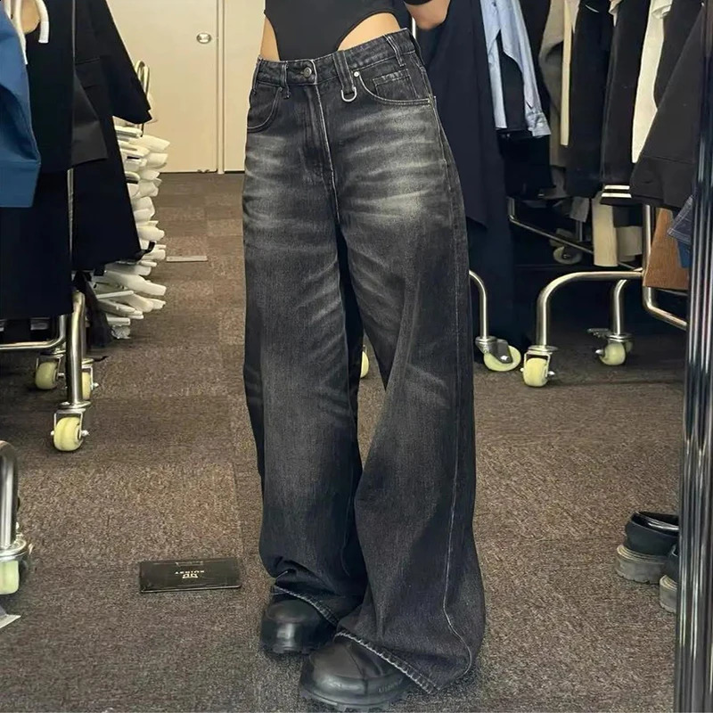 Vintage Black Barrel Jeans Wide Leg Pants Woman Men High Waisted Loose Baggy Female Streetwear Y2K Trousers 241228