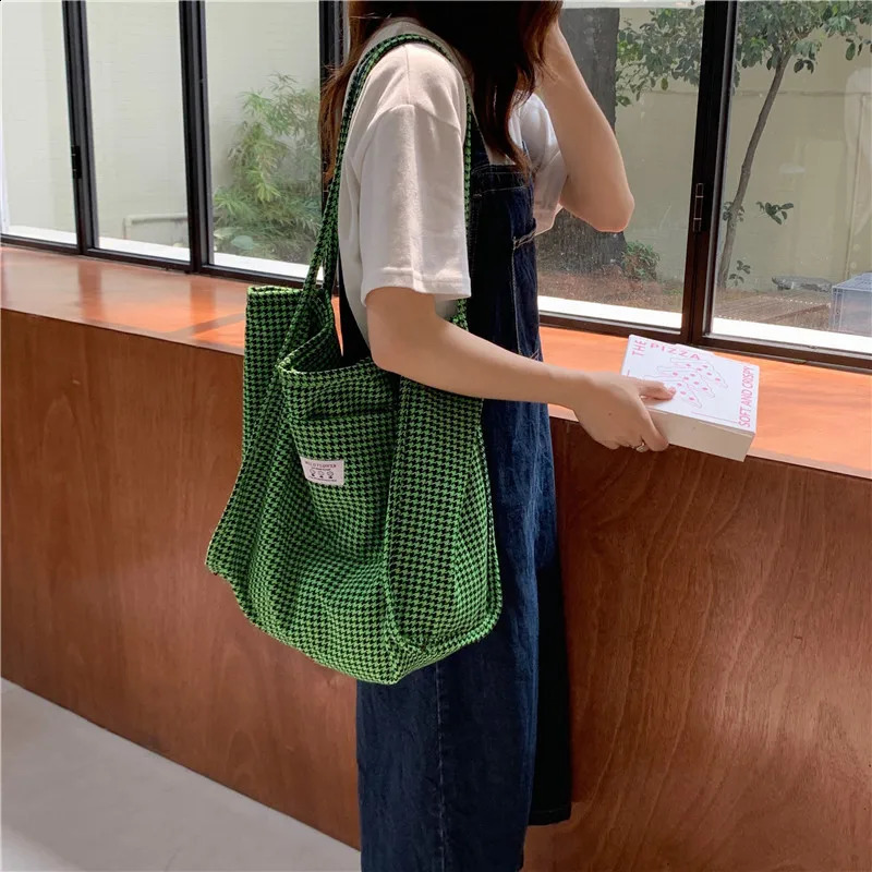 Women Woolen Canvas Bags Houndstooth Pattern Reversible n Female Big Tote Handbag Casual Shoulder Shopping Bag For Ladies 241227