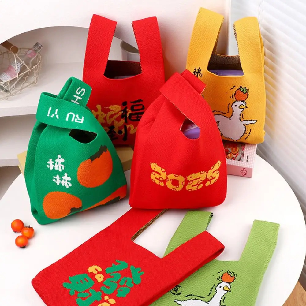 Cute Cartoon Knot Wrist Bag Year of The Snake Weave Tote Bag Handbag Purse Wool Bucket Bag Student 241227