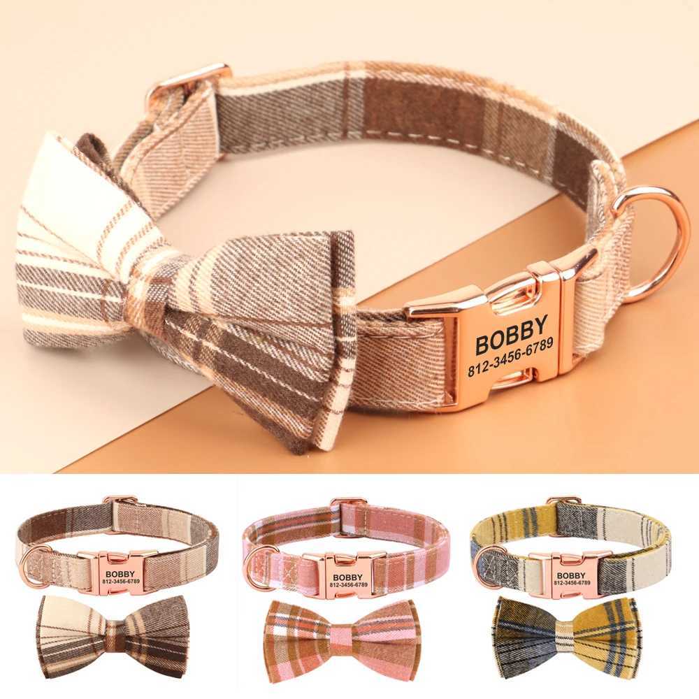 Customized Plaid Pet Collar High Quality Personalized Dog With Bowtie Adjustable Dogs Collars Free Engraving Accessories M241228