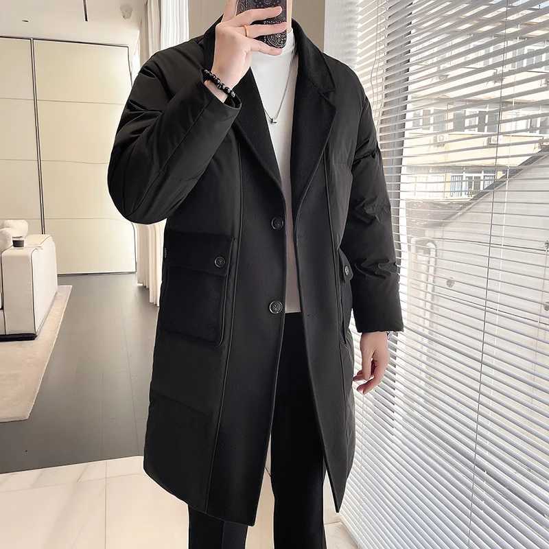 Solid color mens mid length single chest cotton lined jacket winter coat thick and warm long coat windproof Parkas W241228