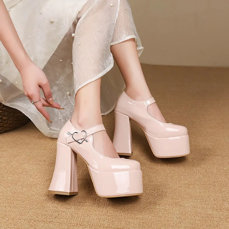 Women's PU Leather Platform Chunky Heeled Pumps Solid Color Ankle Strap Sandals Sexy Party Dress Shoes Heels