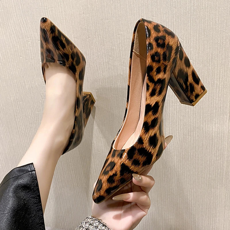 Womens Leopard Print Pumps Pointed Toe Slip On High Heels Shoes for Women Fashion Thick Heeled Dress Shoes Woman Plus Size 241228