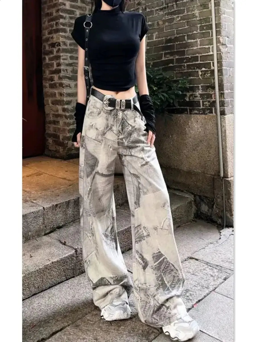 High Street Fashion Personality Retro Printed Thin Jeans for Women Waist Slimming Tie Dye Micro Pull Pants 241228