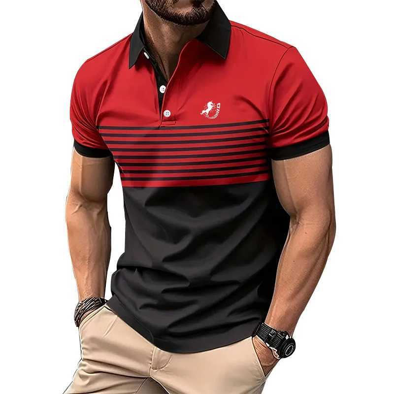 Mens new polyester quick drying shirt shirt mens business casual short sleeved lapel striped shirt shirt printed mens top. X241228