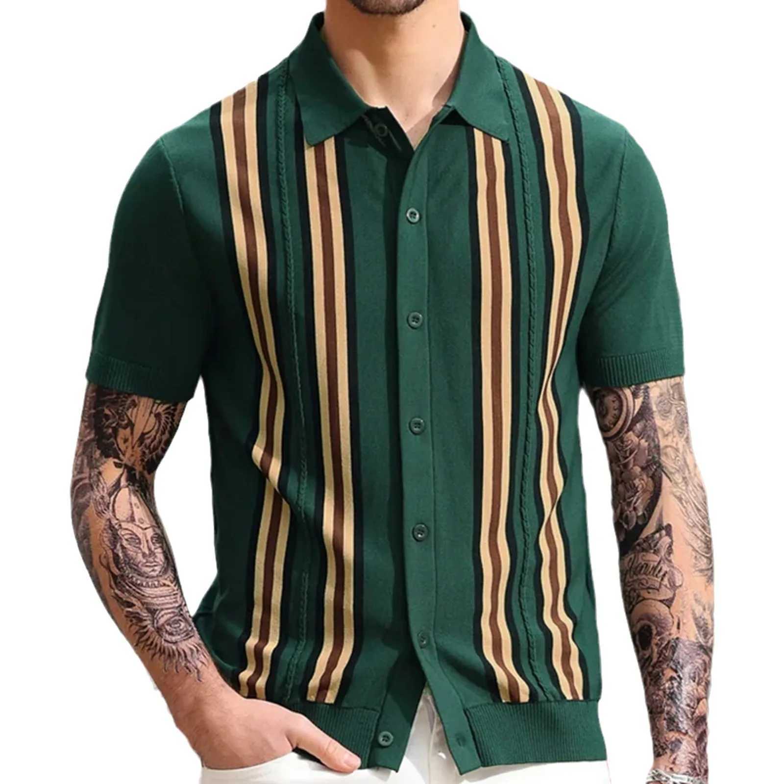 Mens summer green striped short sleeved business shirt shirt mens sweater X241228