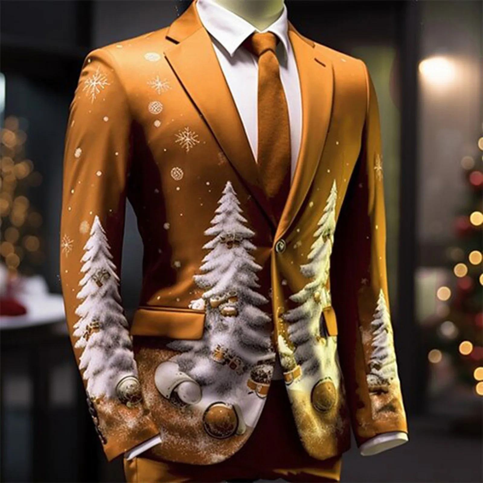 Snowflake print mens Christmas jacket single chest business casual slim fit set jacket outdoor party Christmas set men 241227