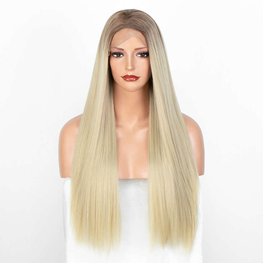Wig New Mid Split Gradient Gold Straight Hair, Hand Crocheted T-Shaped Front Lace Synthetic Wig, Long Kq2 Kq2