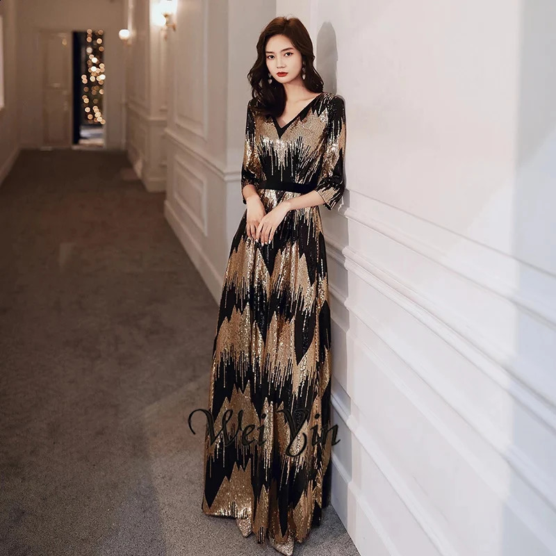 Customized Long Evening Dress Elegant Robe De Soiree Zipper Women Party Dresses Plus Size V Neck Sequin Formal Gowns 241223