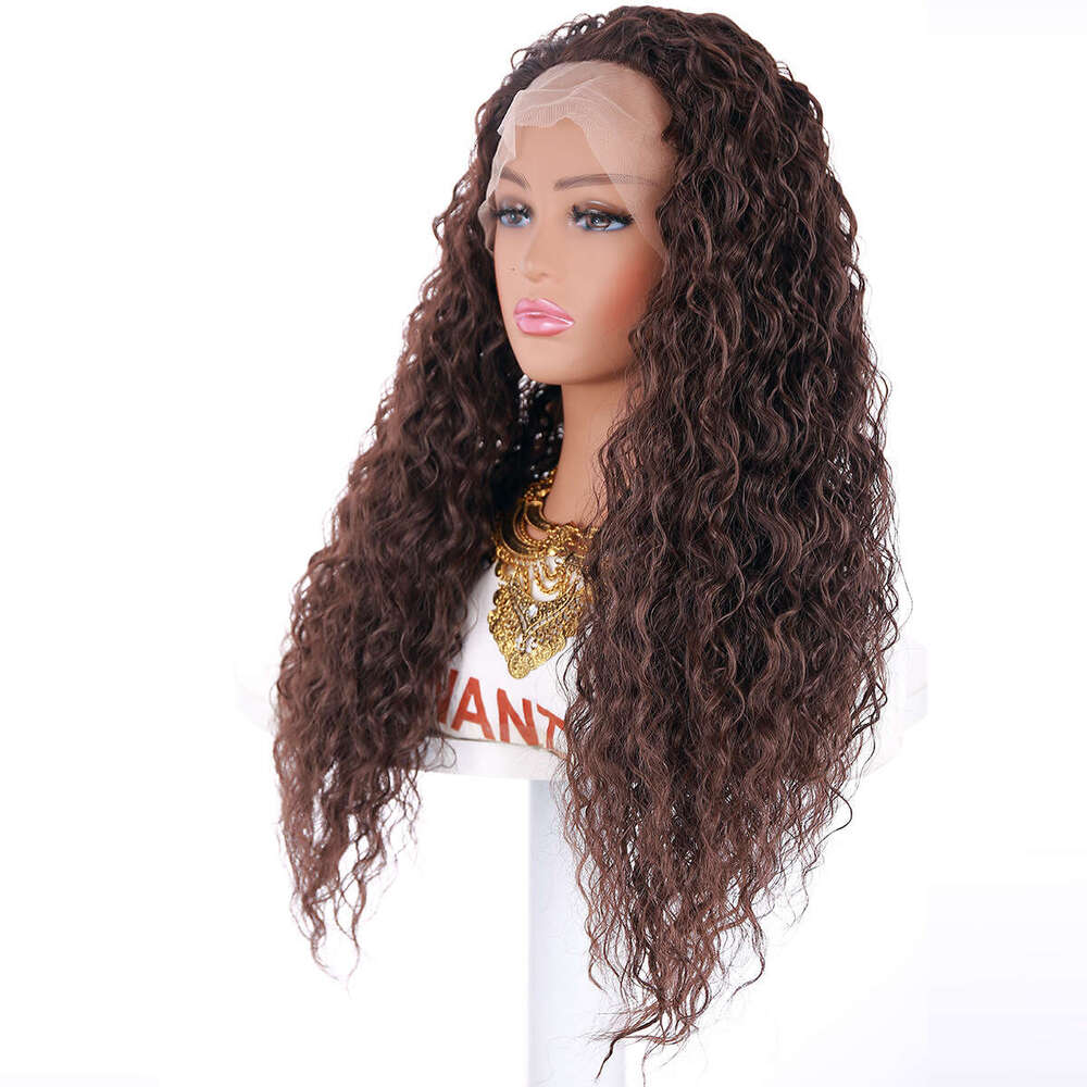 Front Lace Small Corn Perm Wig Dark Brown Medium Split Long Roll Heating Synthetic Headband Kq2 Kq2
