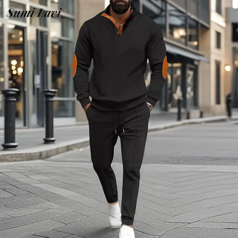 Casual Mens Two Piece Suits 2025 Spring Fall Fashion Patchwork Lapel Long Sleeve Tops And Pants Outfits Men Vintage Waffle Sets 241227