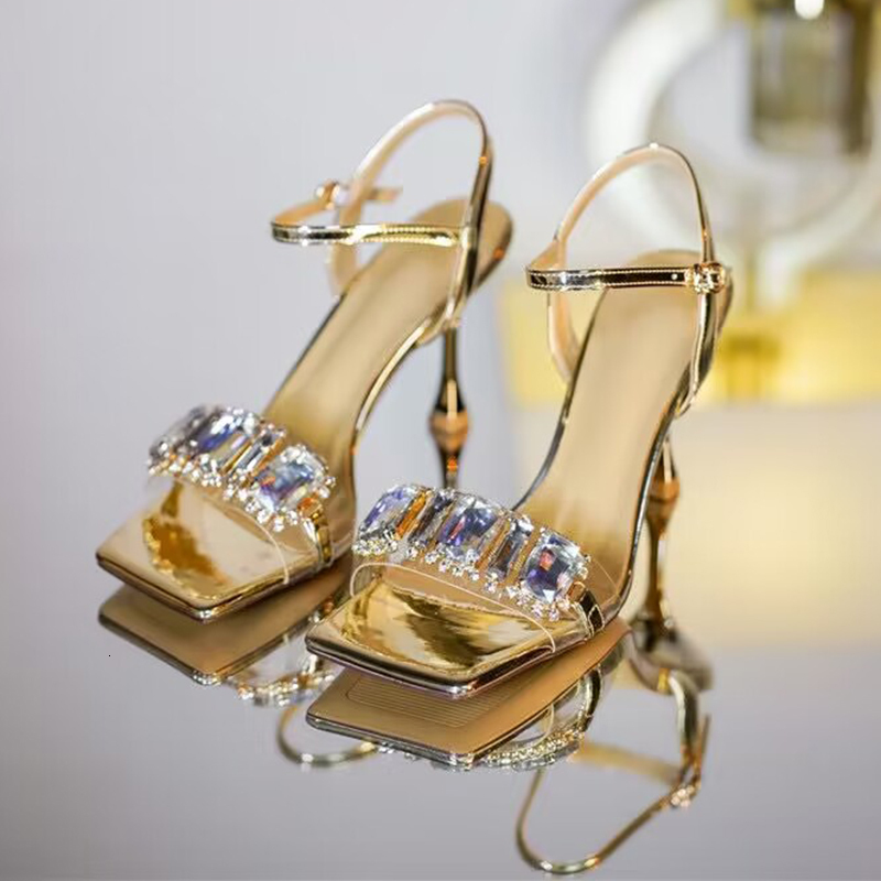Gold Sier High Heels Women 2023 Summer Square Toe Shiny Crystal Sandals Woman Ankle Straps Thin Heel Party Pumps Shoes
