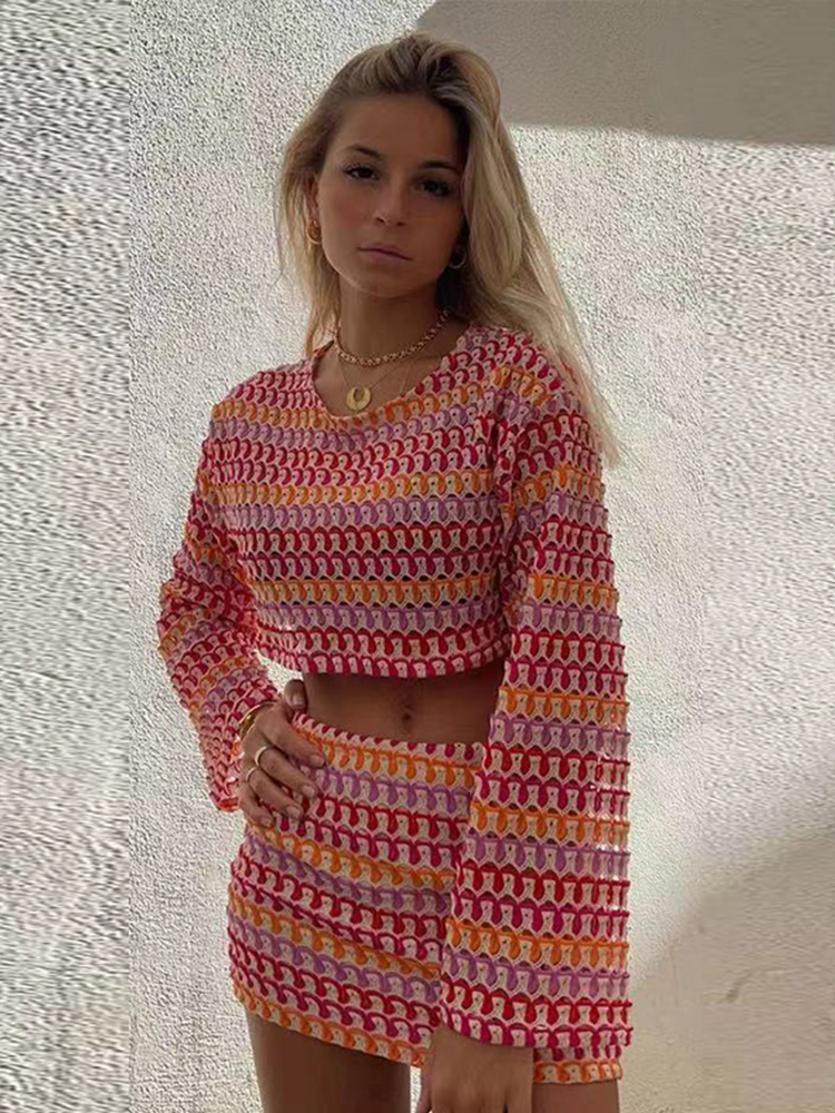 Printed O Neck Women Crop Top Set Stripe A E Female Mini Skirts Suits Summer Beach Flare Sleeveless Lady Shirt Sets