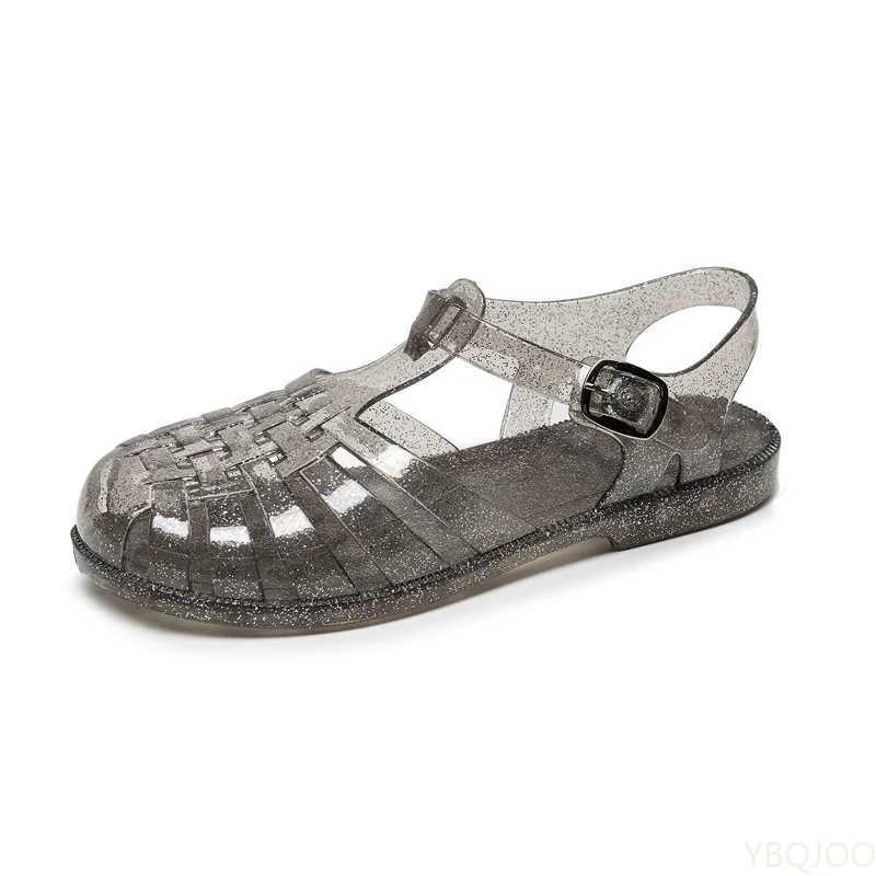 Hollow Out Bling Rainproof Jelly Sandals Women Summer Candy Shoes Woman Slippers Cover Toe Flat Femmes Sandals Pvc Sandals M241227