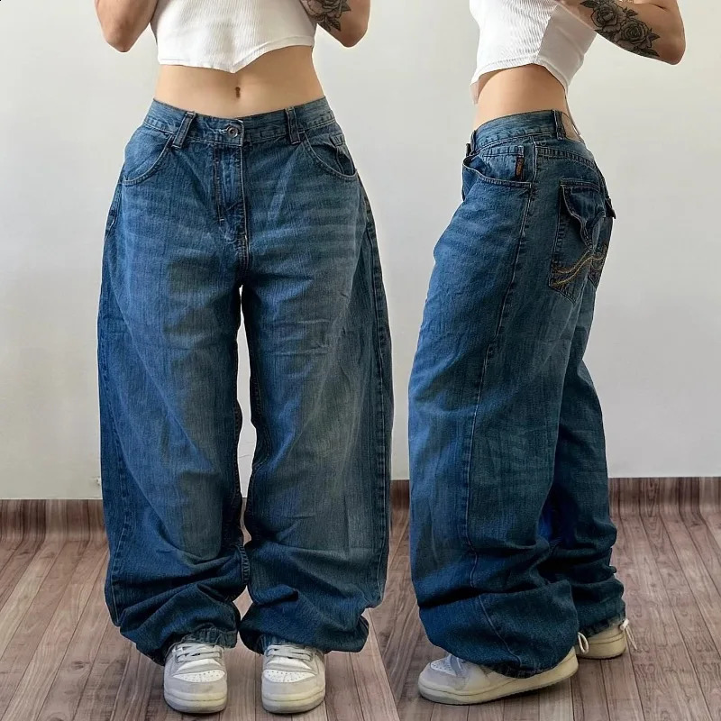 Fashion Trend Harajuku Blue Washed Solid Color Baggy Jean Y2K Street Gothic Casual High Waist Wide Leg Trousers 241228