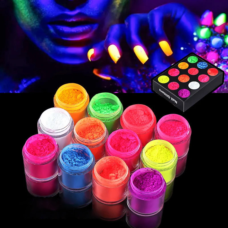 12 Color Neon Pigment Powder Fluorescent Nail Glitter Shinny Ombre Chrome Dust DIY Polish Manicure For Nails Art Decoration Kit 241223