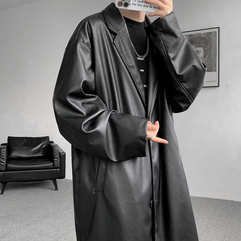 Neutral black PU leather long groove coat womens Gothic groove coat luxury autumn loose windproof coat W241228