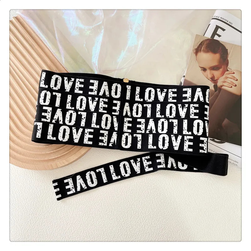 Getspring Women Cummerbunds Letter Printed Zipper Black Wide Belt Fashion Elastic Waistband All Match Ladies Waist Band Corset 241227