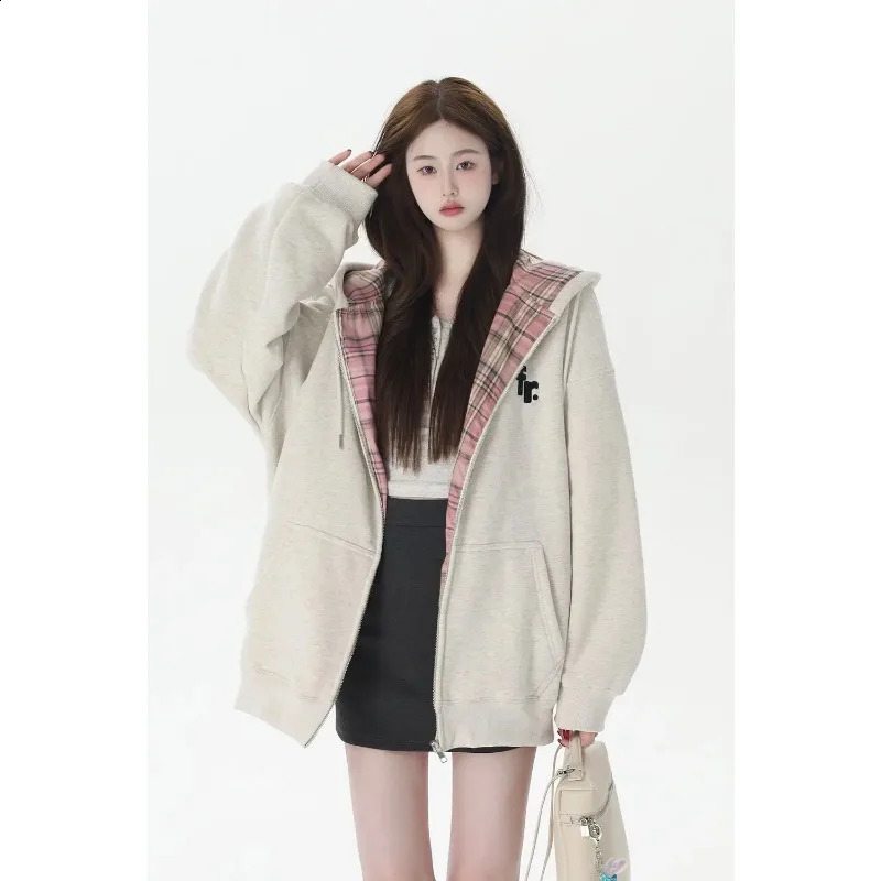 Red checkered spring and summer style American lazy style womens casual super large hooded sweater patch work zipper cardigan 241223