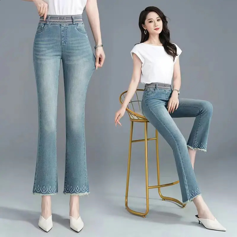 Womens Jeans Denim Flare Elastic Band High Waist Slim Flash Fashion Allmatch Comfortable Office Lady Washed Pants 241228