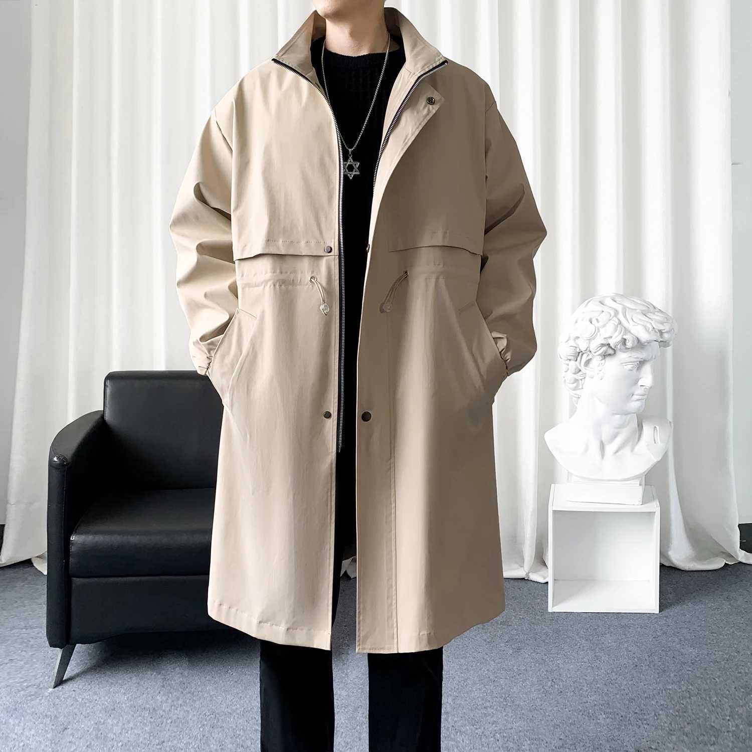Long patch work trench coat casual collar mens clothing fashion paradigm cape single chest zipper top mens patchwork jacket W241228