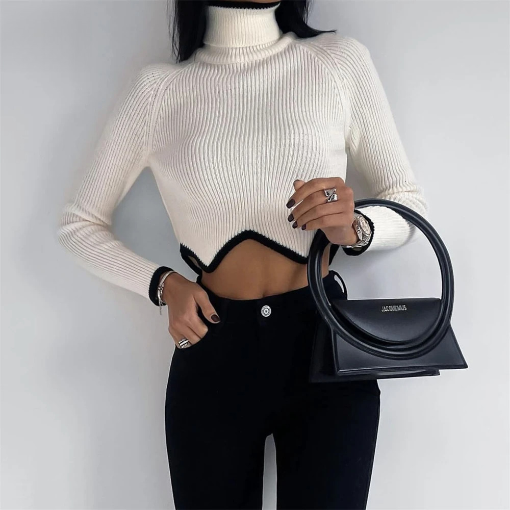 Y2k Turtleneck Crop Sweater For Winter Solid Knitted Long Sleeve Slim Pullovers Jumpers Knitwears Women Clothing