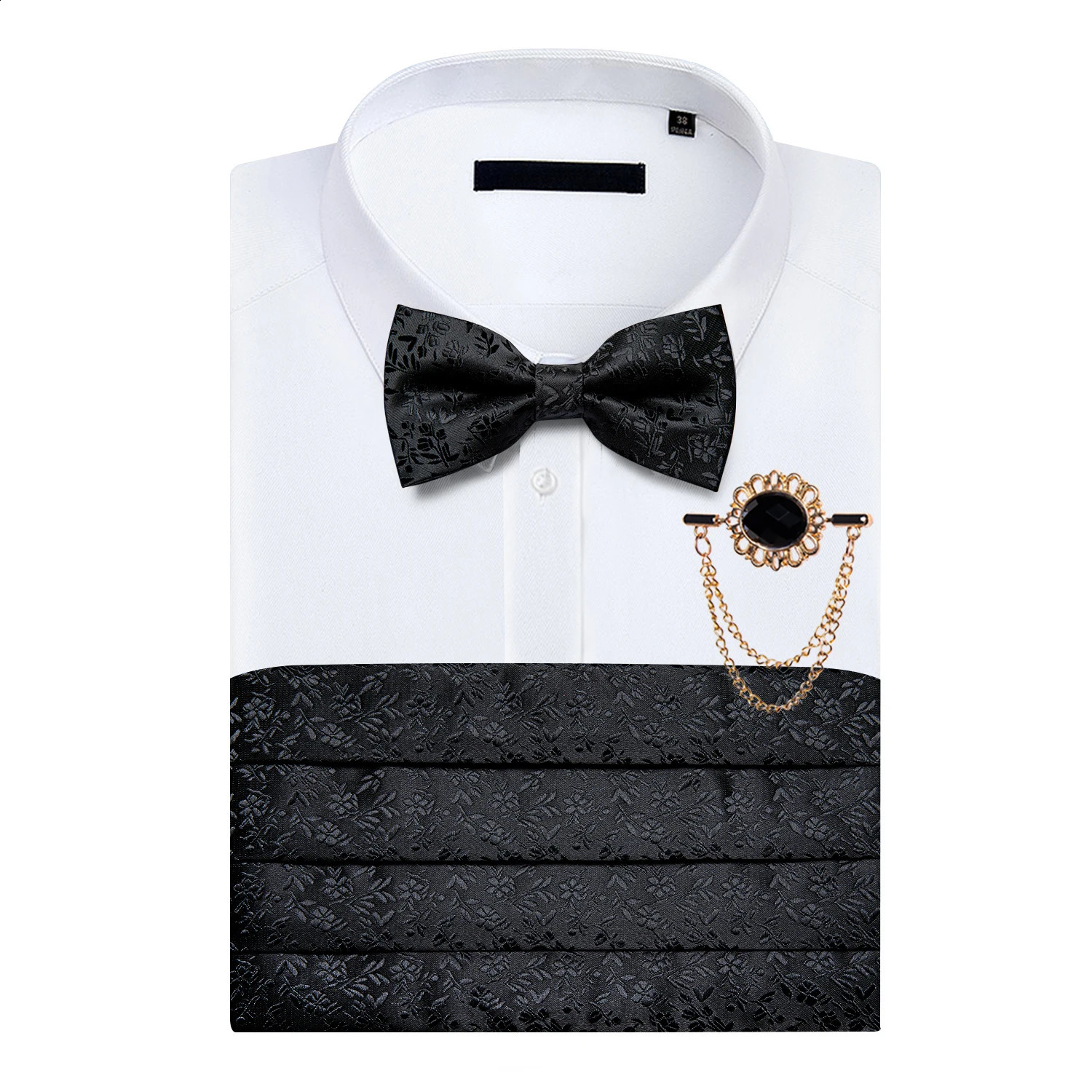 Black Floral Silk Wedding Mens Cummerbunds Bow Tie Brooch Set Tuxedo Formal Wide Belt Ceremonial Belt Elastic Waistband DiBanGu 241227