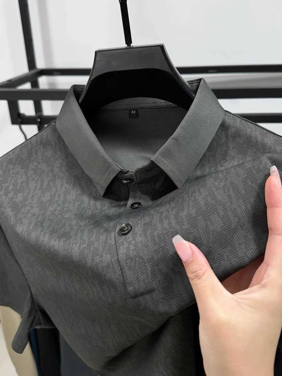 High end brand fashion ice silk printed short sleeved shirt shirt mens 2024 summer new trend lapel T-shirt comfortable cool top X241228