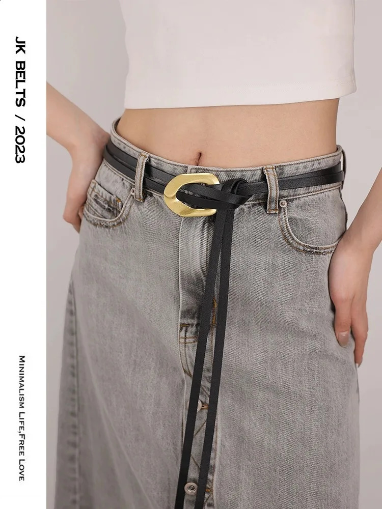 Knot Female Waist Chain Thin Belt Vintage Double Layer Leather Belts Golden Buckle for Women - Stylish Waistband for Dress 241227
