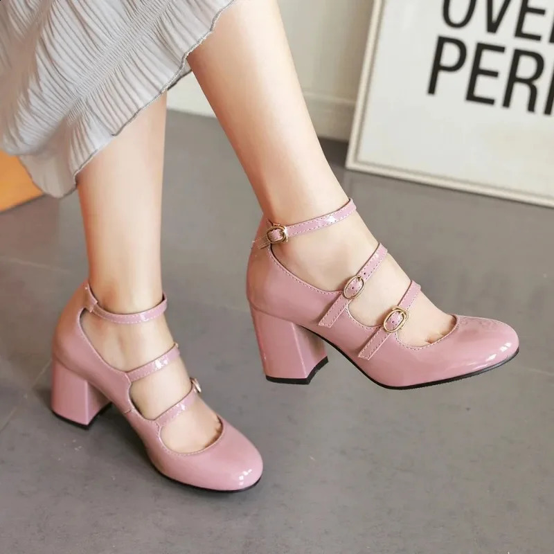 Big Size Spring Women Pumps Thick Block High Heel Patent Leather Round Toe Autumn Office Dress Party Bridal Red Lady Shoes 34-43 241228