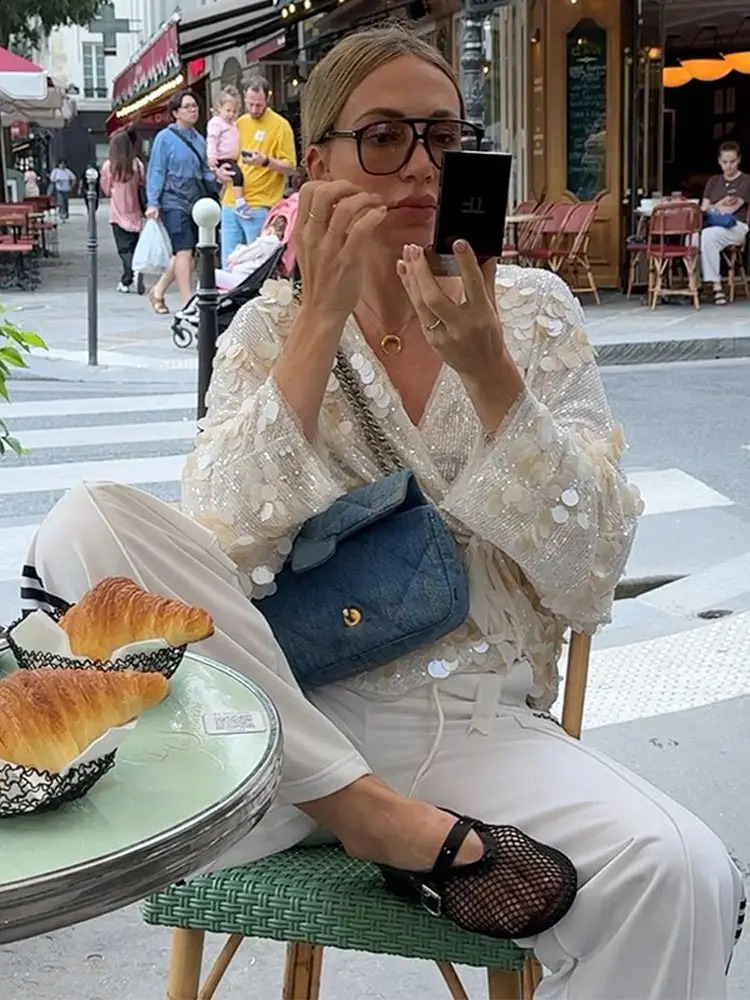 Elegant Sequins Kimono Style Jacket For Women V Neck Long Sleeve Lace Up Thin Coats Autumn Female High Street Outerwear 241226