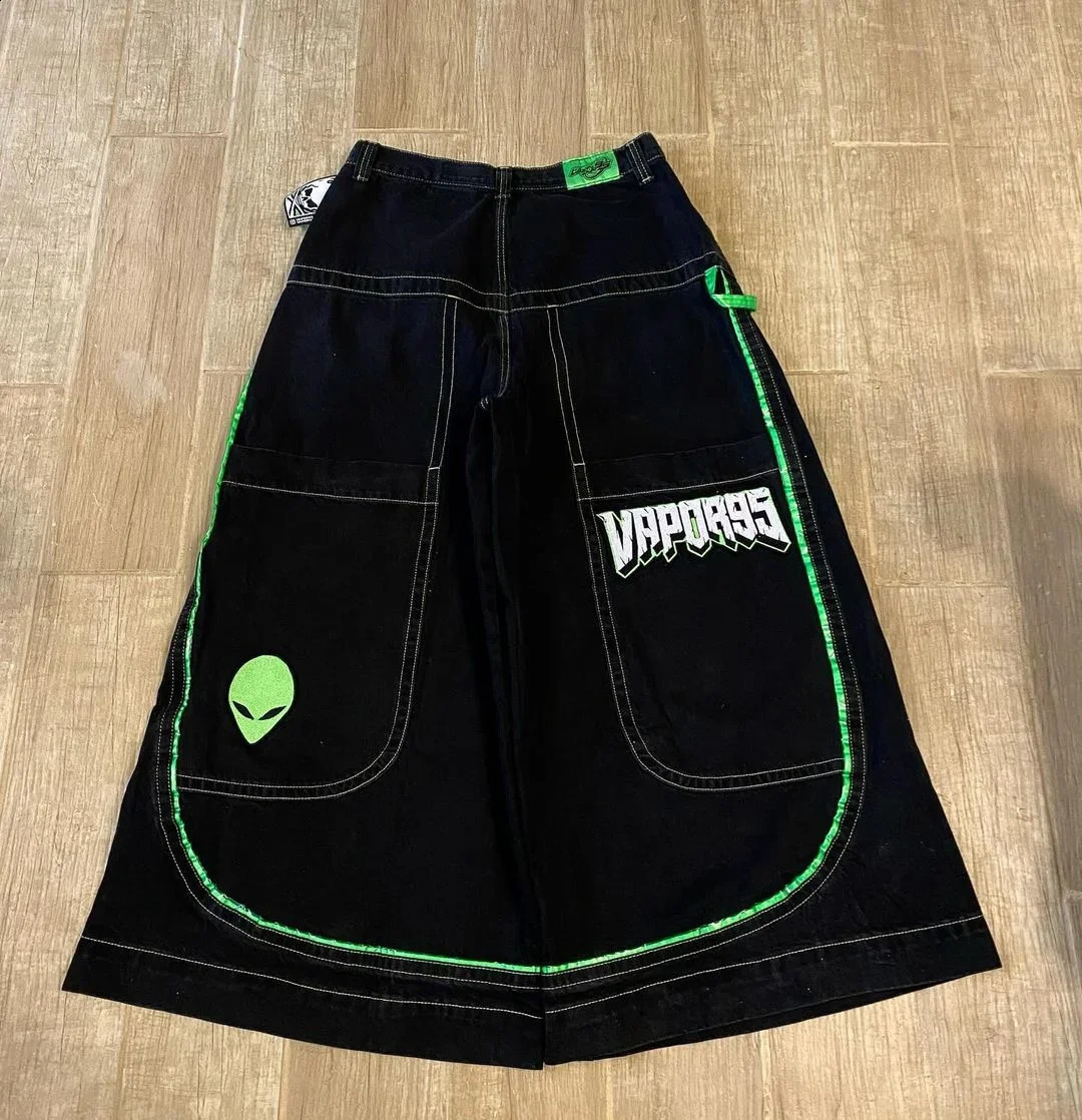 Hiphop high street retro striped skull print washed jeans mens y2k goth grunge trend n waist couple wide leg pants 241228