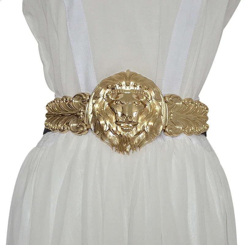 Golden Lion Head Women Girdle Metal Round Buckle Exaggeration Belt for Womens Black Waistband Gold Elastic Waist Seal 241227