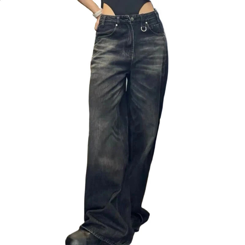 Vintage Black Barrel Jeans Wide Leg Pants Woman Men High Waisted Loose Baggy Female Streetwear Y2K Trousers 241228
