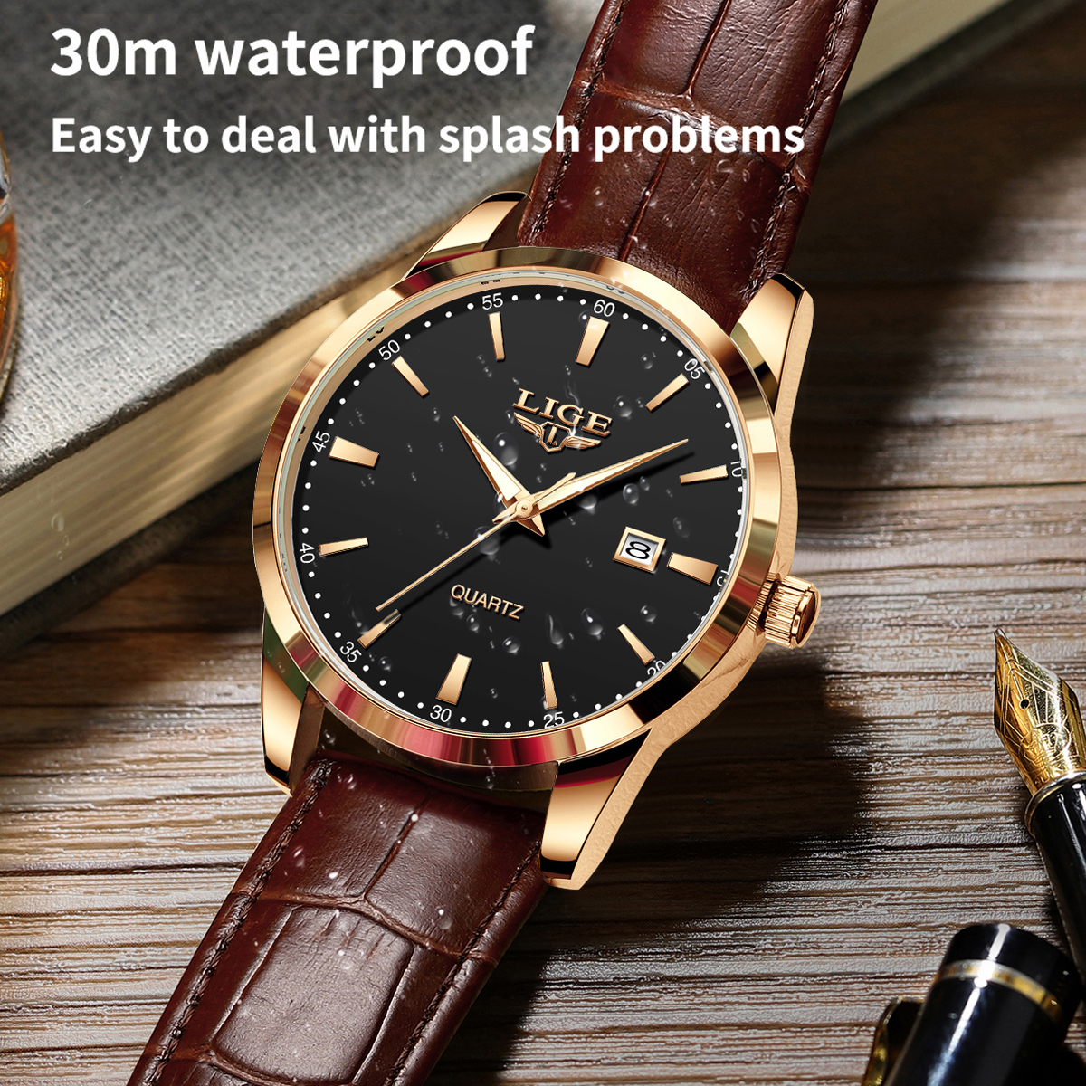 LIGE Men's Business Quartz Watch Premium Brand Watch Premium Leather strap Classic dial Men's Waterproof Watch Three pin calendar watch Holi