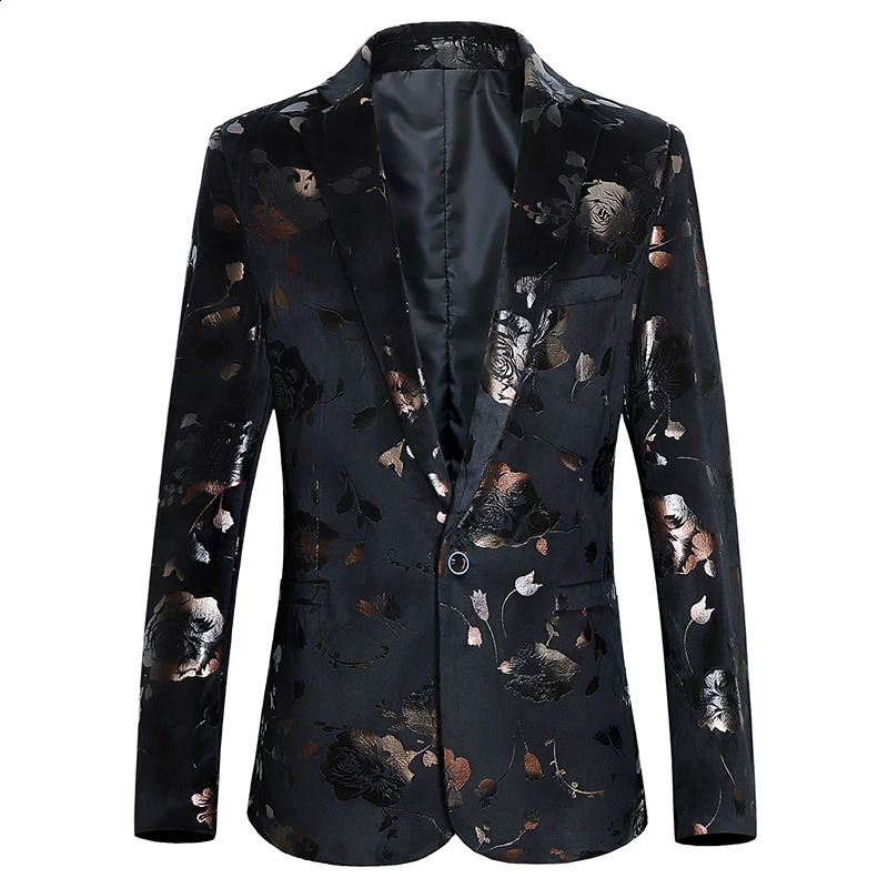 Mens floral printed bronze slim fit 6XL suit jacket fashionable and casual mens ping pong jacket 241227