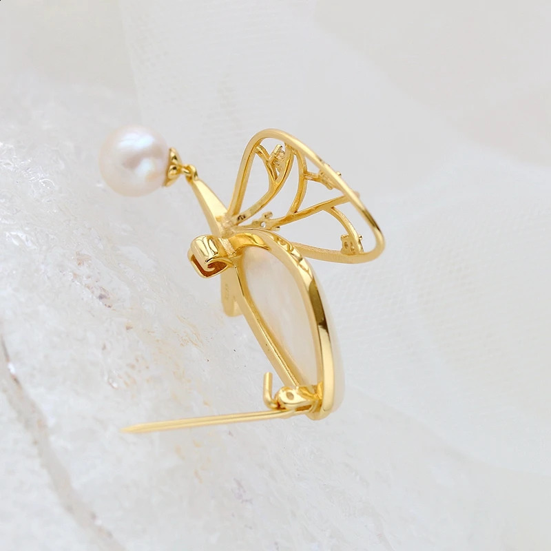 925 Sterling Silver Brooch Gold Plated Butterfly Inlaid Natural Freshwater Pearl Shellfish Trendy Jewelry Gift 241227